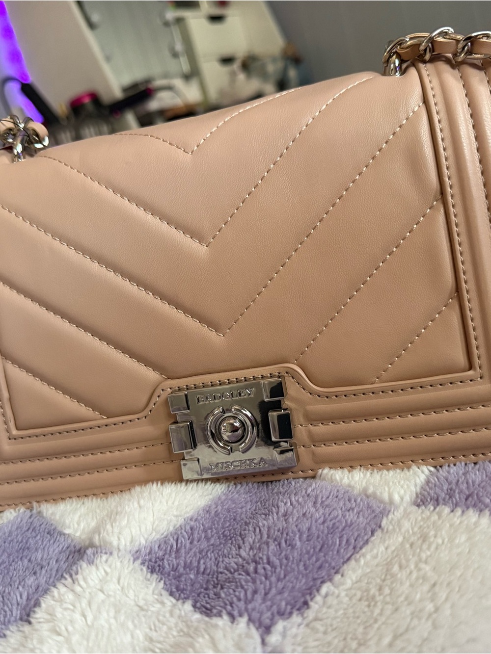 Badgley Mischka Nude Quilted Leather Shoulder Bag with Chain Strap